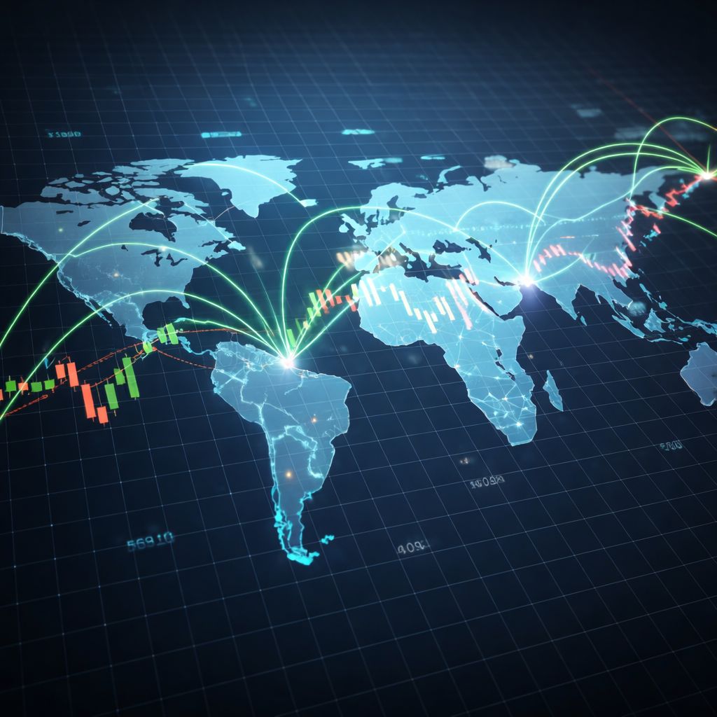 Glowing financial charts showing global trading activity