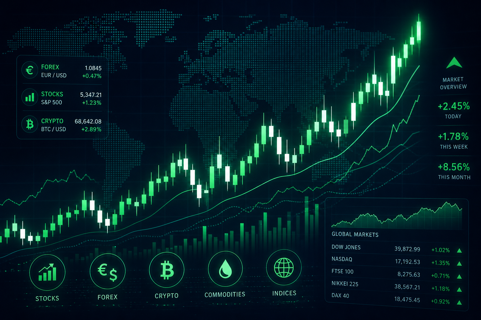 Glowing financial charts showing global trading activity